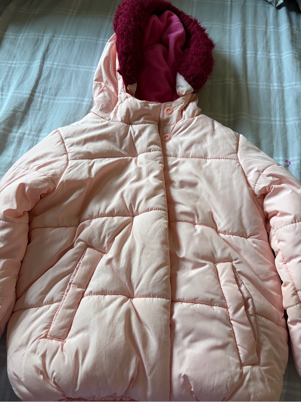 Steve Madden Light Pink Puffer Jacket with Maroon Hood Trim